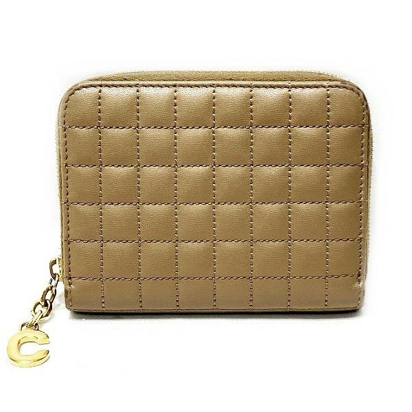 Celine Quilted Leather Coin Case C Charm Brown Beige Wallet